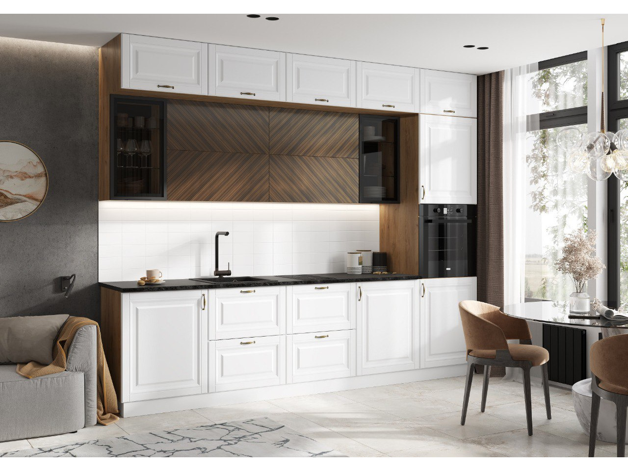 Кухня Престиж 3,0м Компоновка №2 (Браш Вайт/Прайм орех, Дуб Крафт) - фото №1