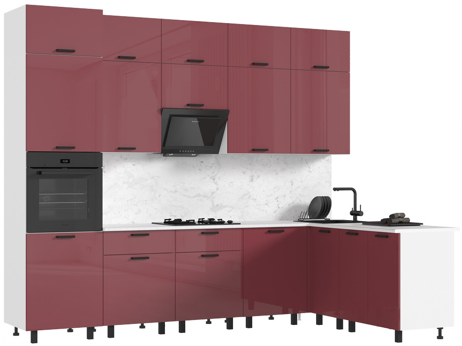 Кухня Техно 3,0х1,8/1080м Компоновка №6, Белый/Марсала глянец - фото №1